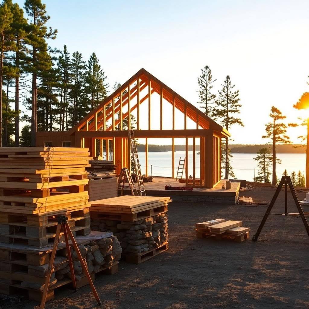 Cottage fireplace lit at dusk with timber mantel