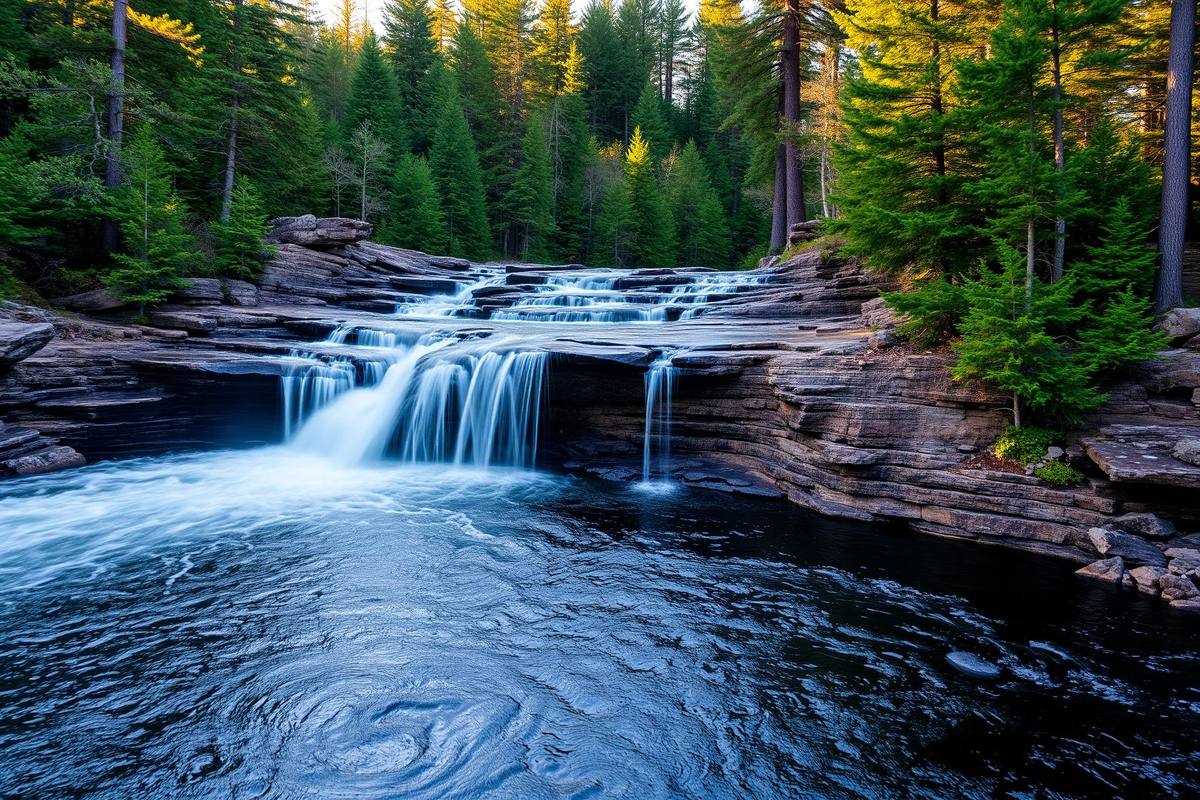 Bala Falls on Lake Muskoka with whitewater over granite