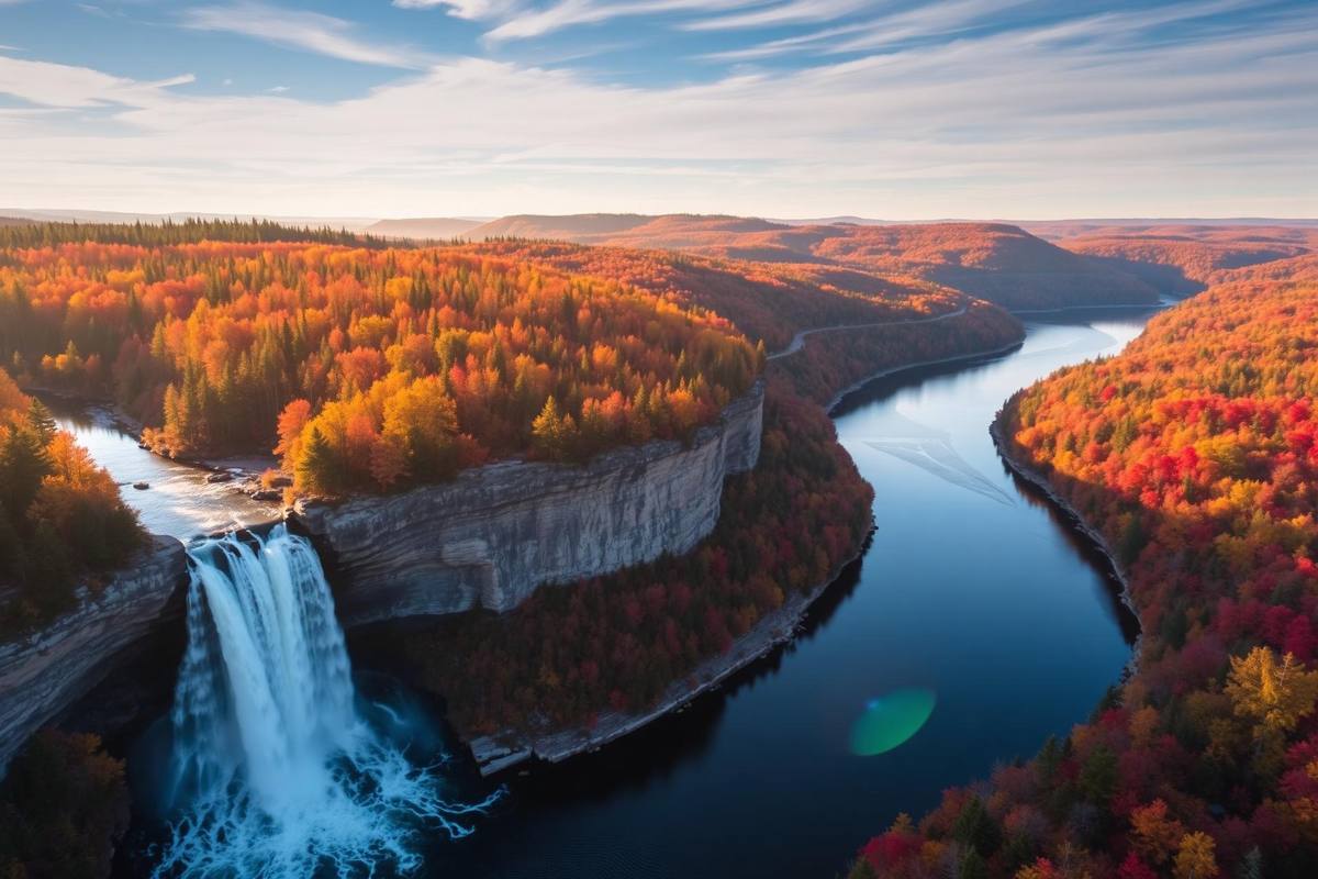 Aerial view of Bracebridge Falls and the Muskoka River in autumn