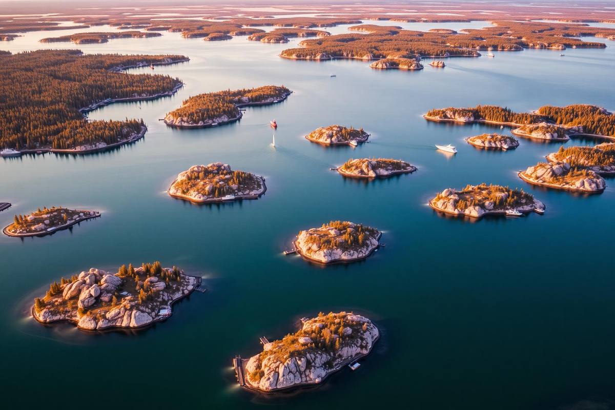 Aerial view of the 30,000 Islands on Georgian Bay at golden hour