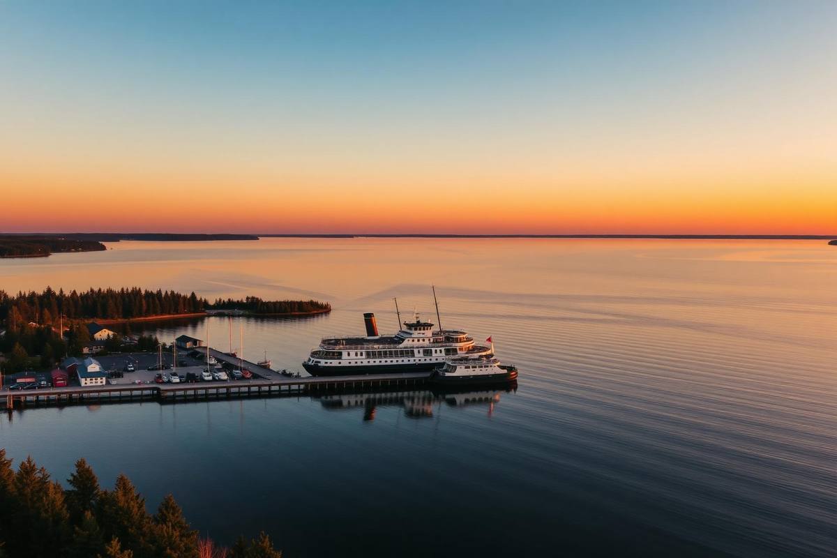Gravenhurst Wharf on Lake Muskoka with a heritage steamship at sunset