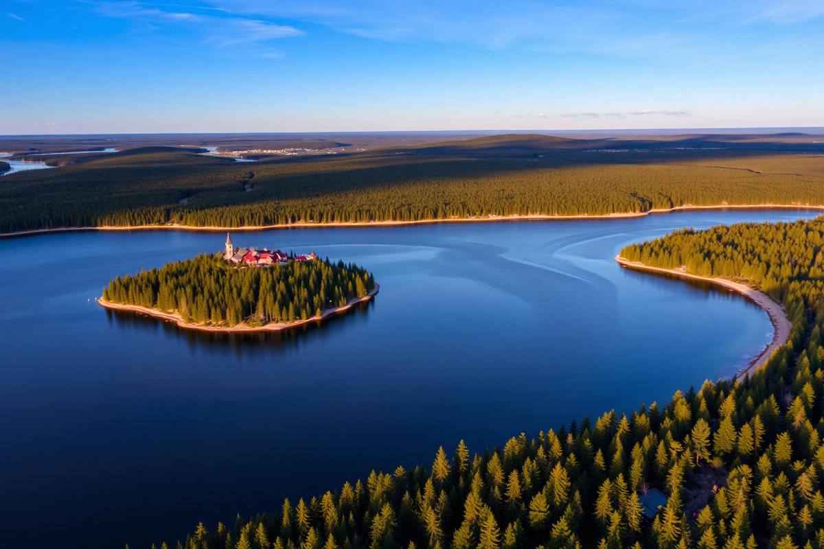 Aerial view of Fairy Lake and Huntsville Muskoka at golden hour