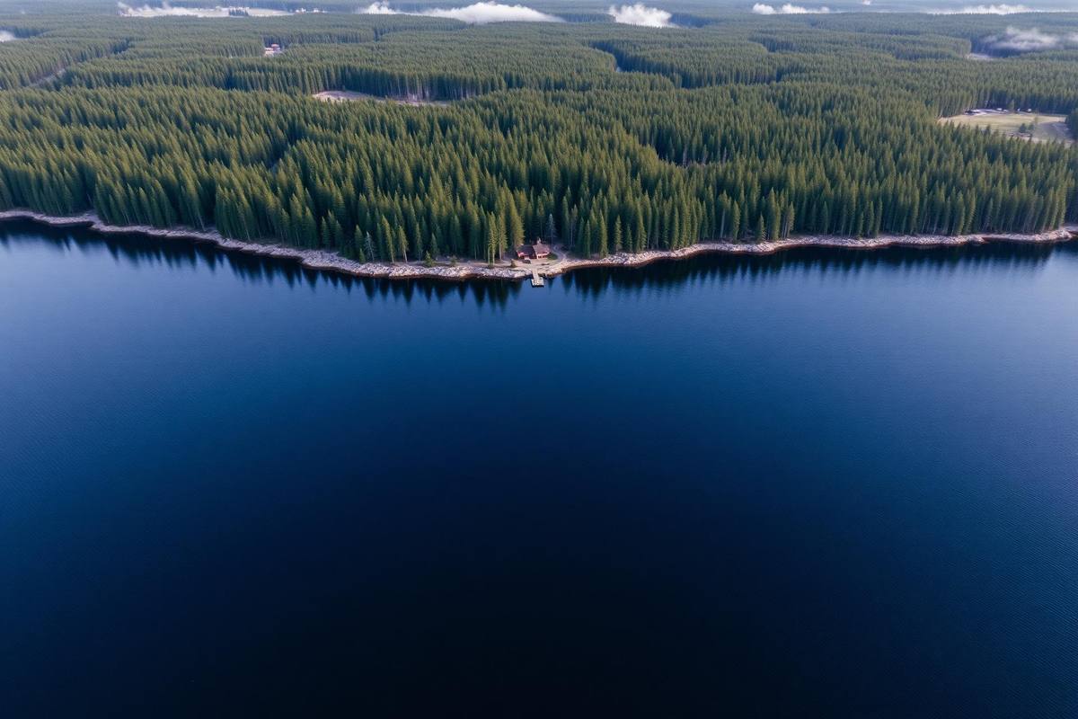 Aerial view of Lake of Bays Muskoka with rugged pine shoreline
