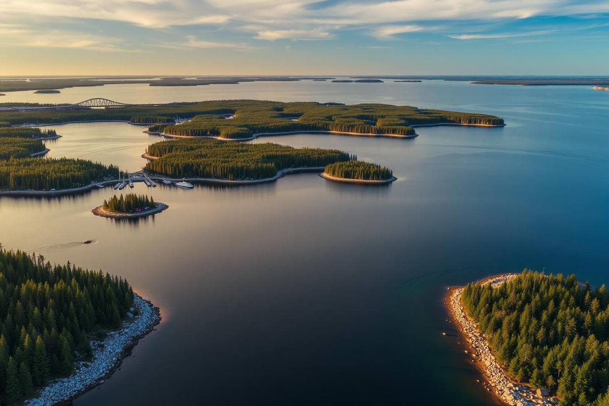 Aerial view of Parry Sound harbour on Georgian Bay with the rail trestle