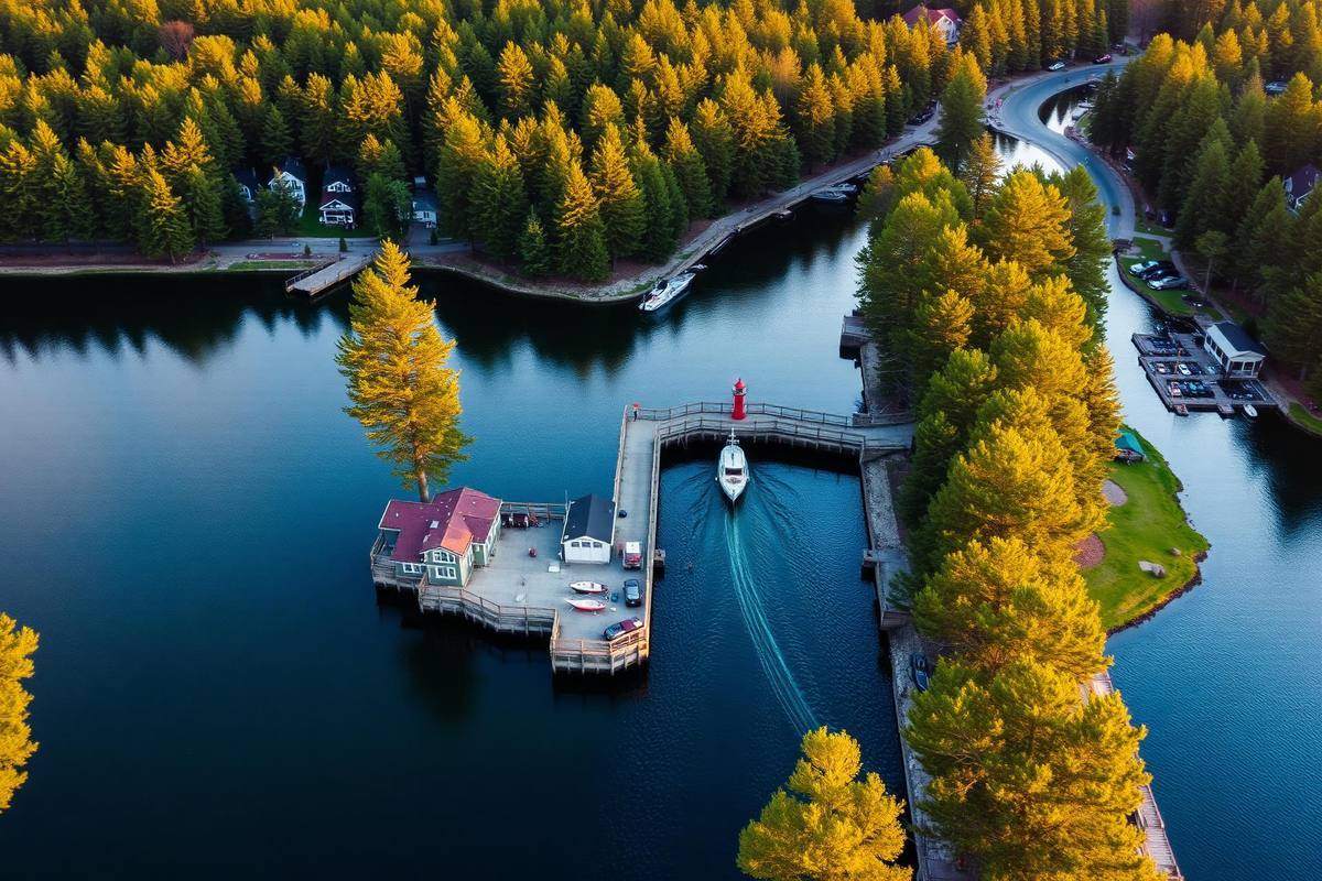 Aerial view of Port Carling on Lake Rosseau
