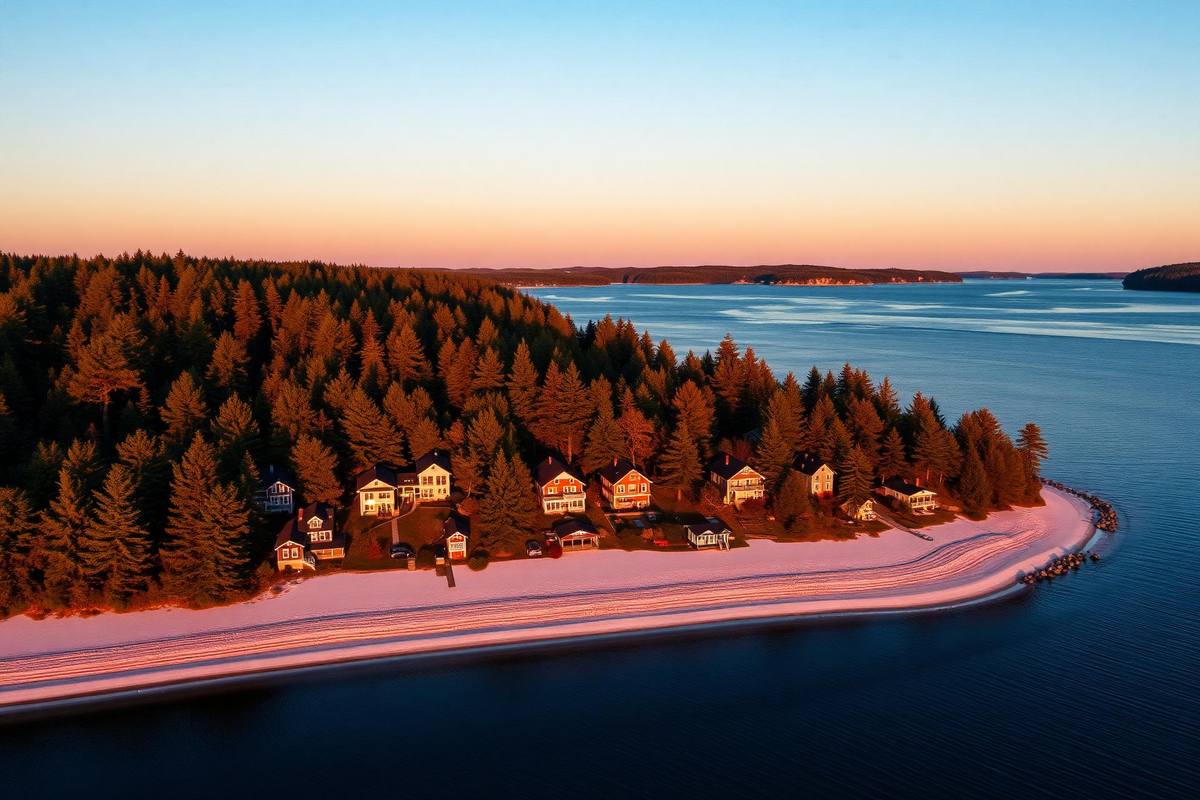 Heritage Windermere cottages along the Lake Rosseau shoreline at sunset