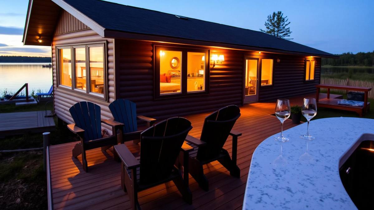 Muskoka lakefront cottage rental at golden hour with dock and Muskoka chairs