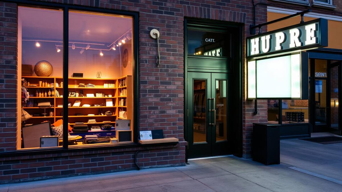 Newly renovated boutique retail storefront in downtown Huntsville with feature lighting
