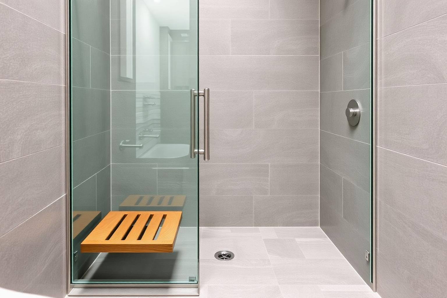 Curbless tiled shower with a fold-down seat and grab bar