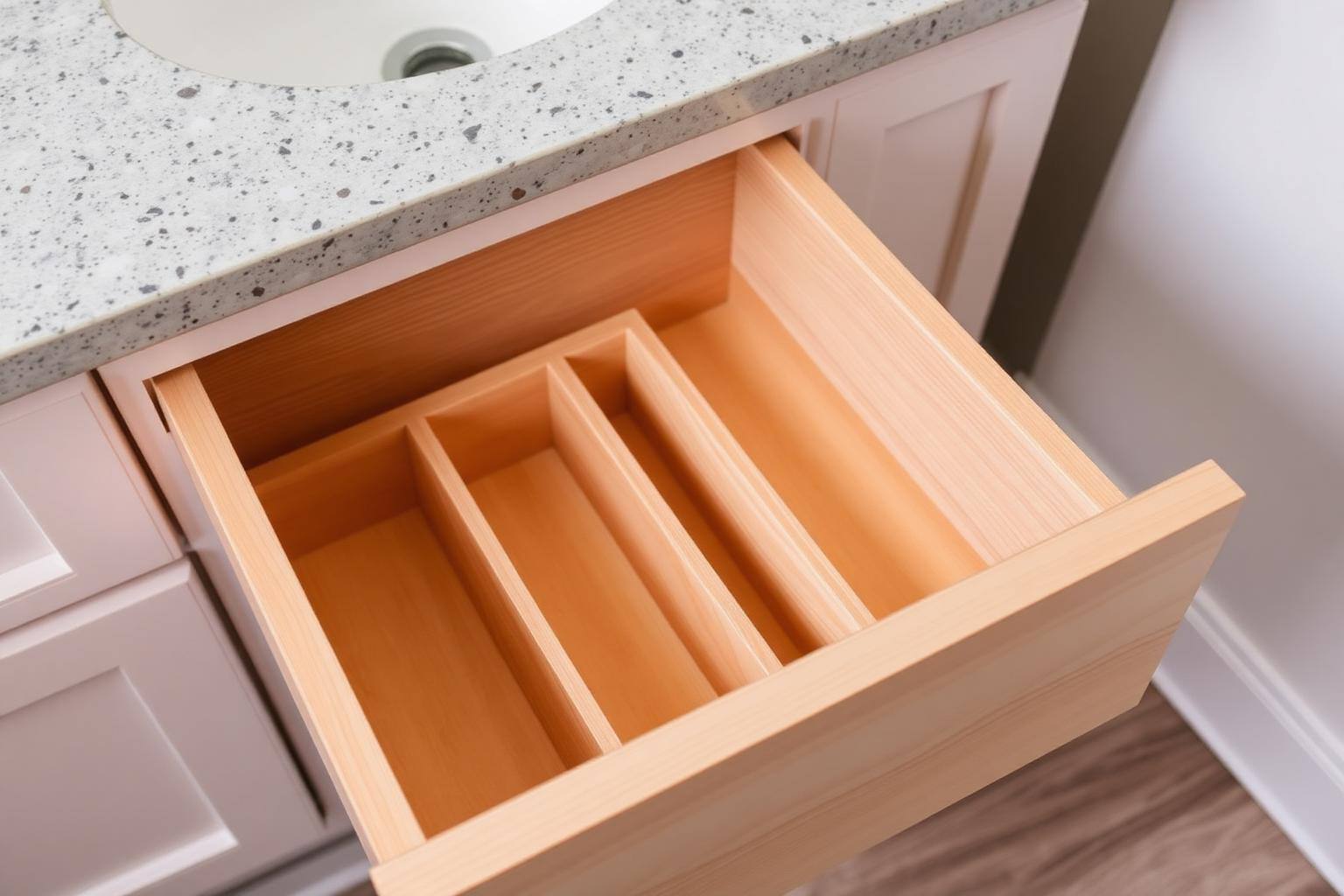Bathroom vanity drawer with dovetailed box and internal dividers