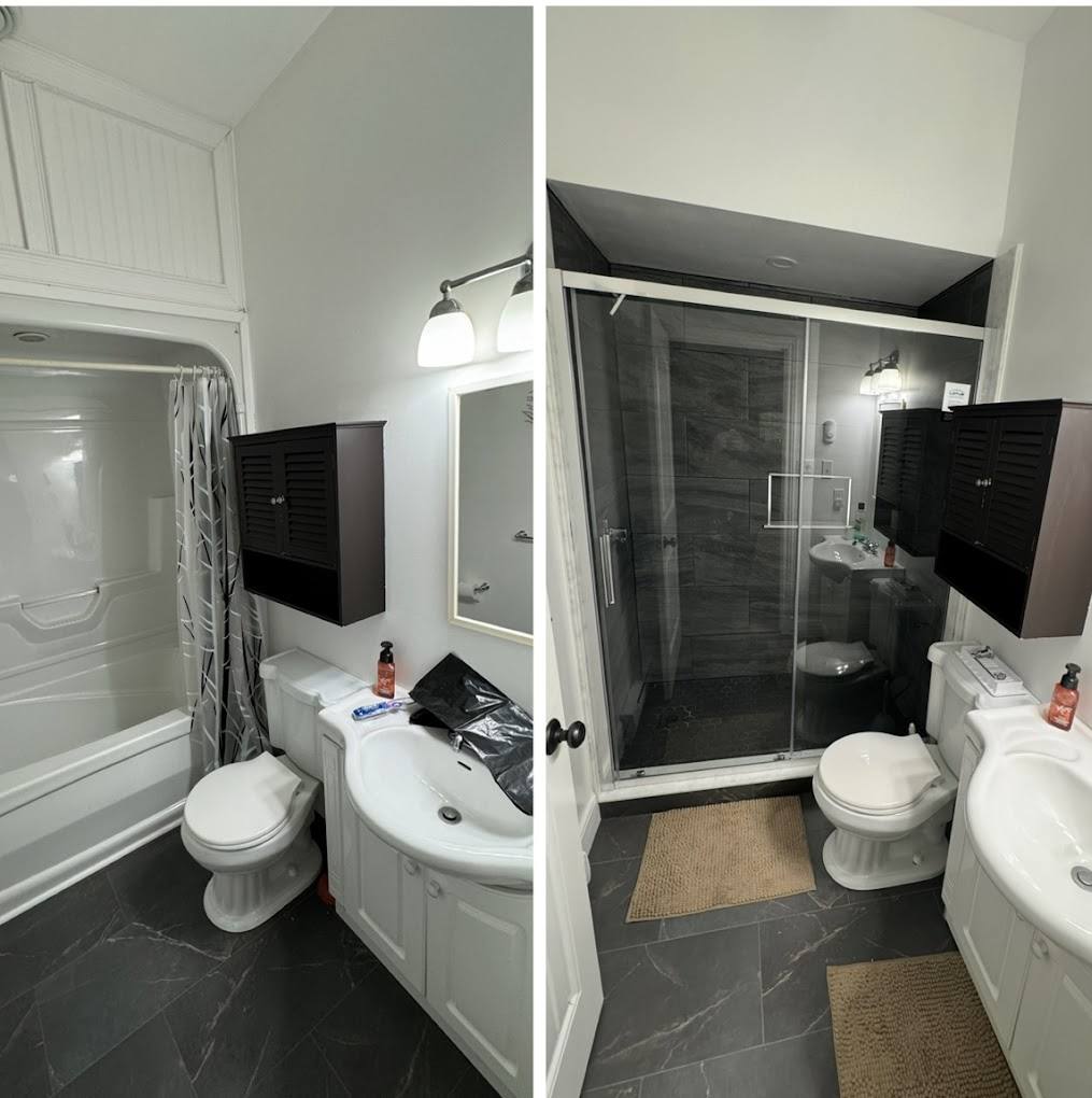 Bathroom refresh, tub to glass shower in Muskoka, before and after — real Northern Oaks Contracting project photo