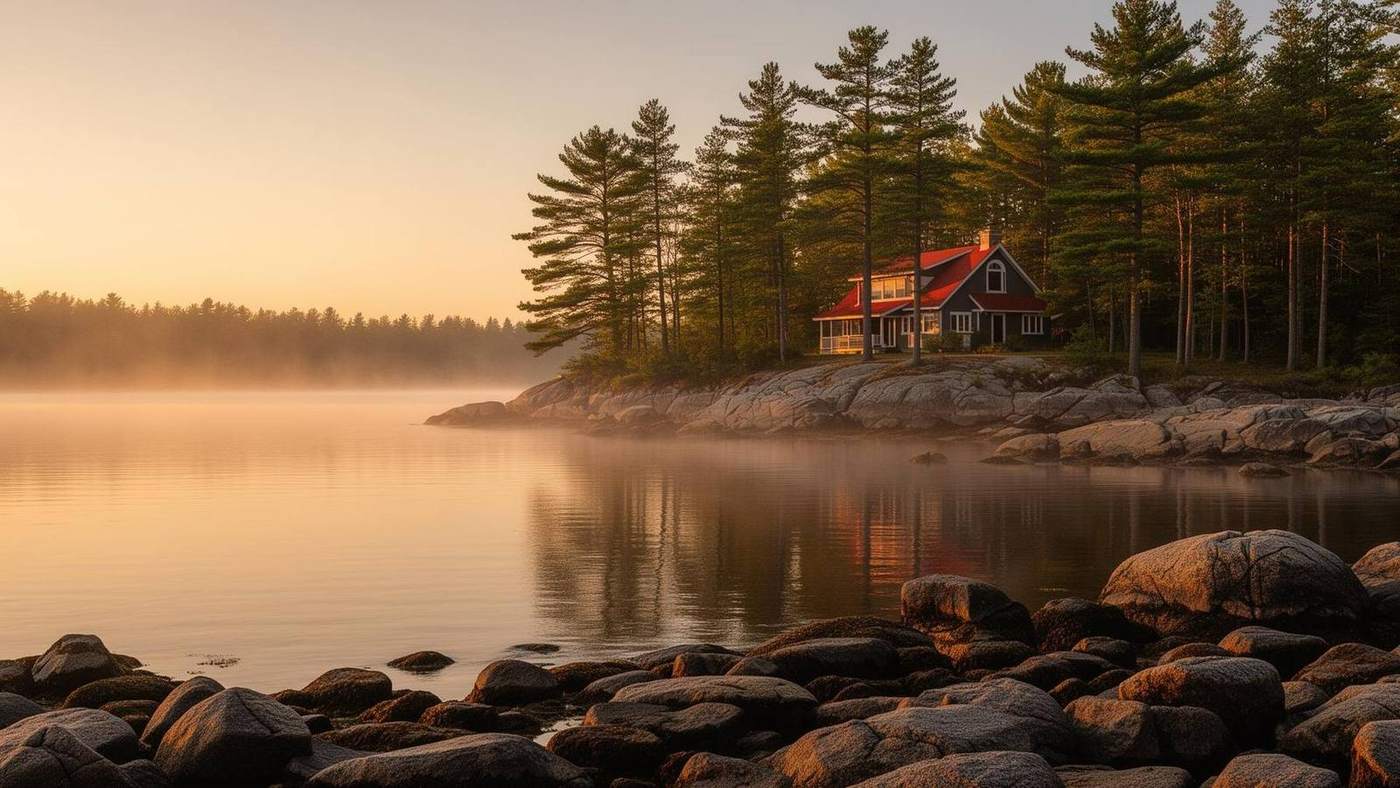 Muskoka shoreline and pine forests at golden hour