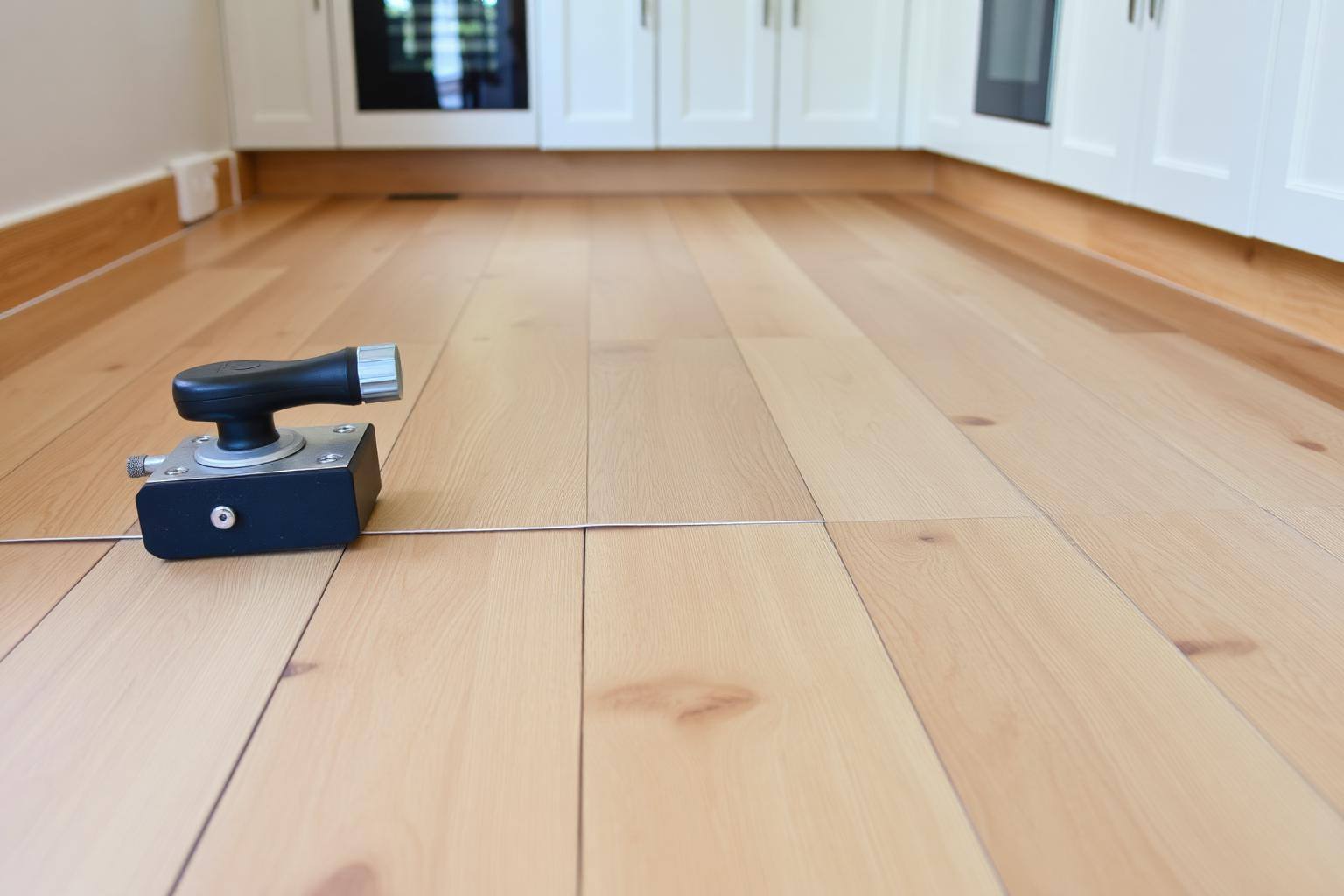 Wide plank engineered oak flooring part-way installed in a kitchen