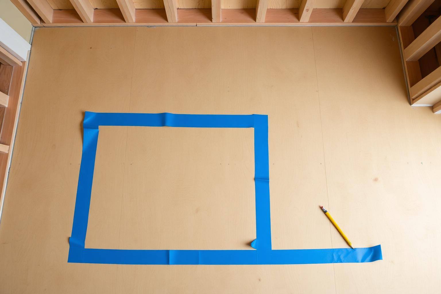 Blue tape kitchen layout marked out on a bare subfloor