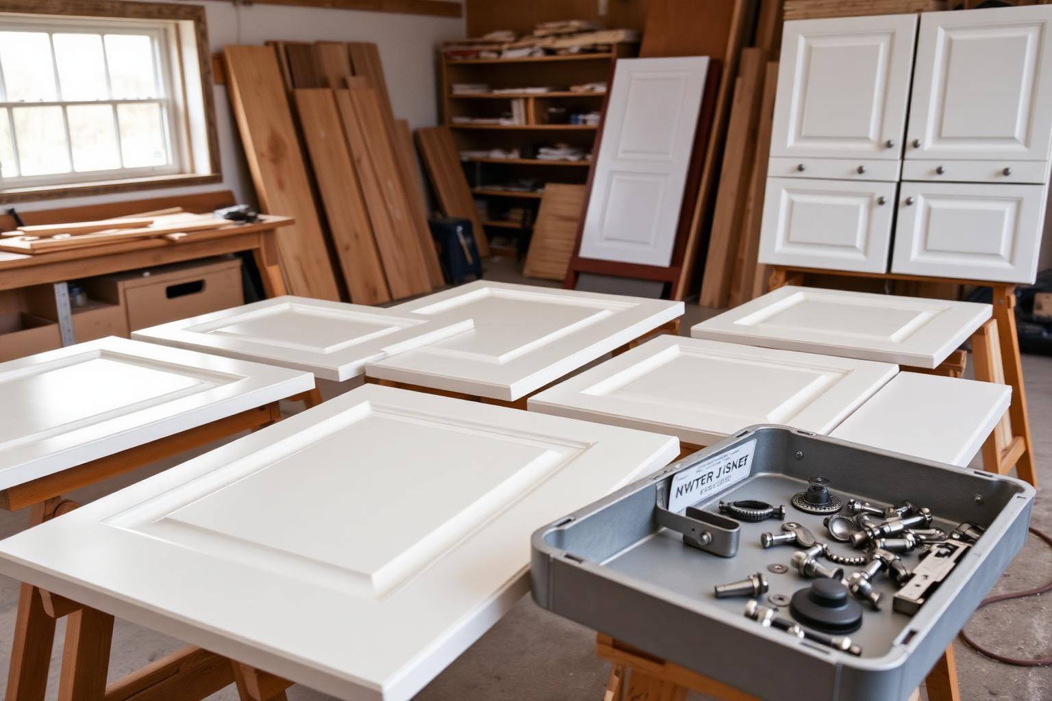 New shaker cabinet doors laid out in a workshop before refacing