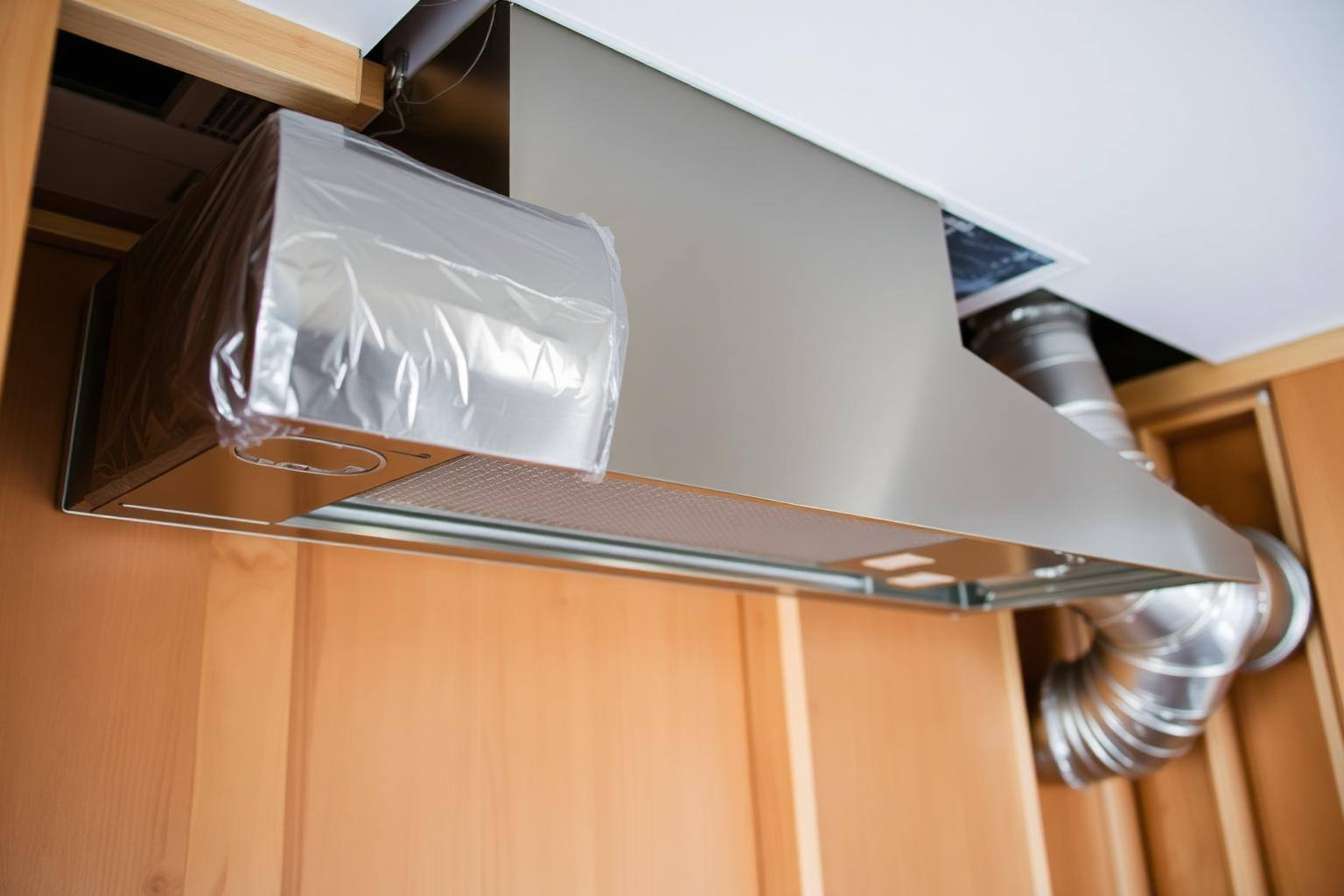 Stainless range hood liner and rigid ductwork roughed into a ceiling