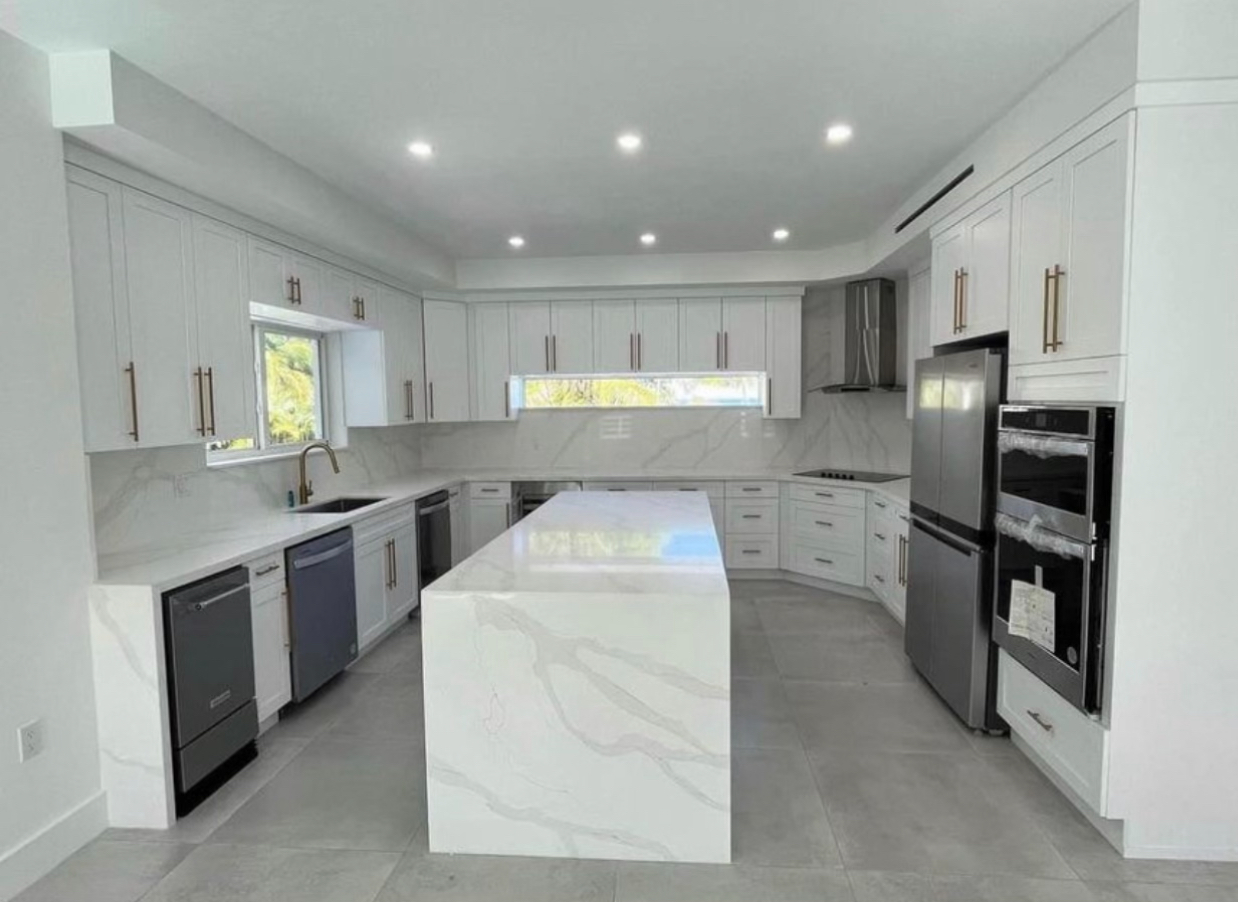 White shaker kitchen, waterfall island
