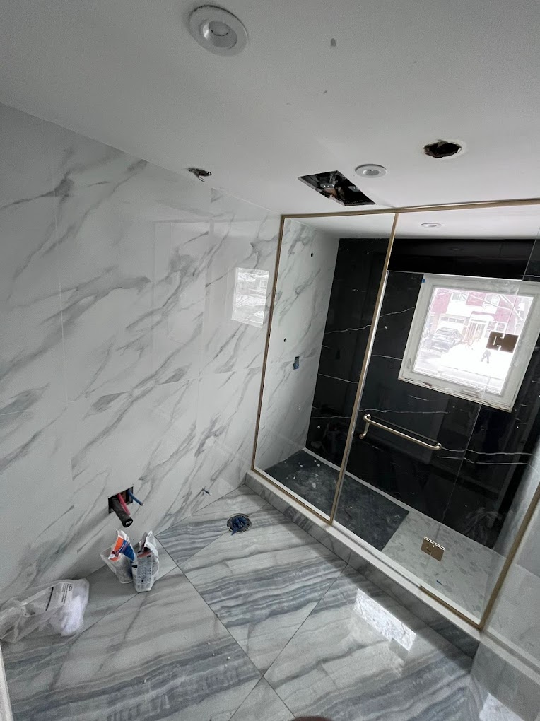 Marble ensuite in progress, Muskoka