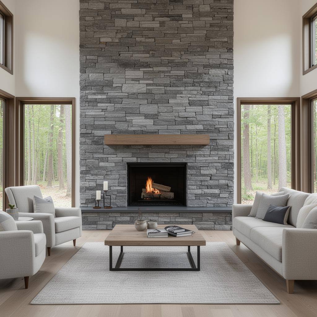 Fieldstone fireplace and great-room ceiling beams